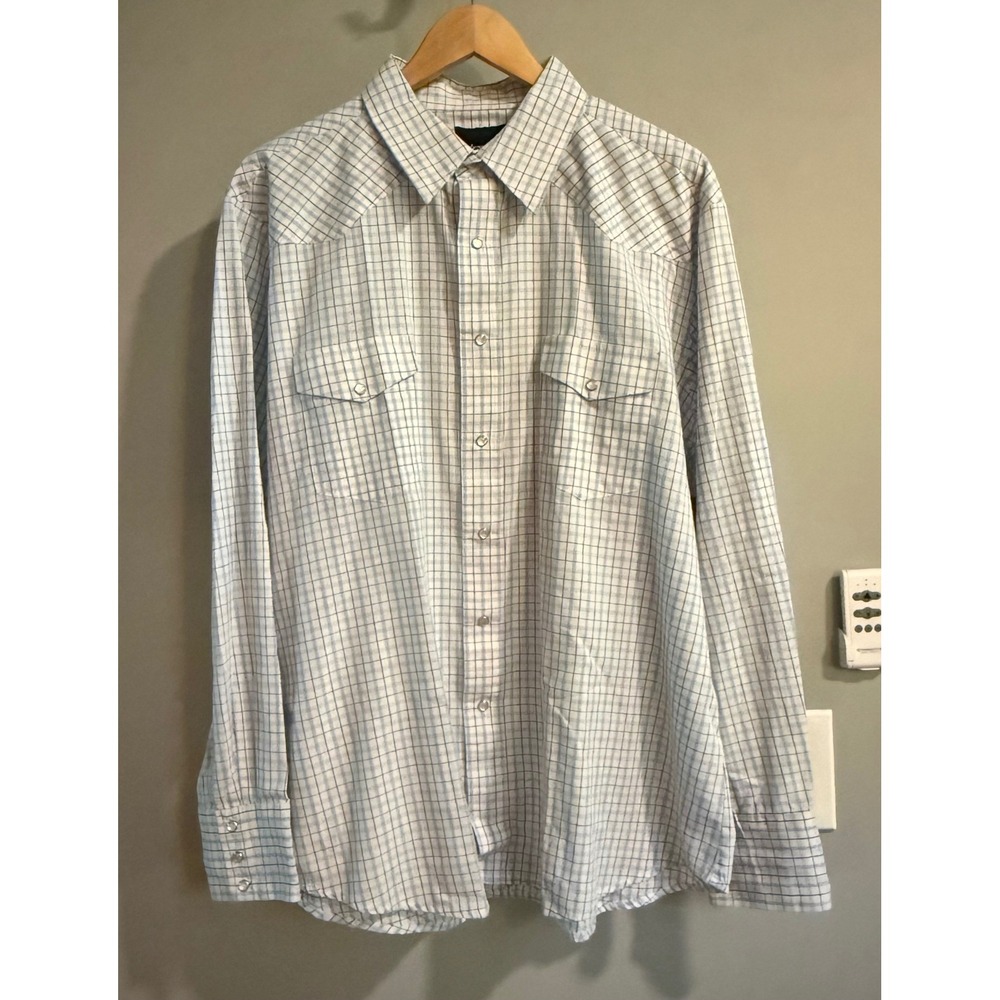 Wrangler Western Shirt Mens XL White Blue Grid Pearl Snap Long Sleeve 75703AA